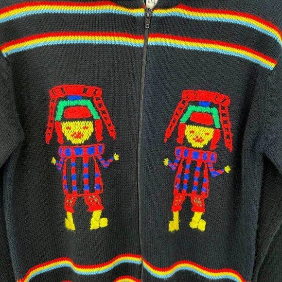 VINTAGE GIMBELS LATIN AMERICAN FIGURE RAINBOW ZIPPERED SWEATER - L - Picture 2 of 4